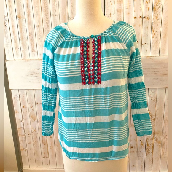 Aqua and white stripe peasant blouse with beaded detailing, Talbots size XS - Picture 1 of 4